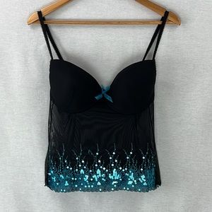 FREDERICKS OF HOLLYWOOD Sequin Bra Tank Top, Size 38C, Black & Turquoise NWOT